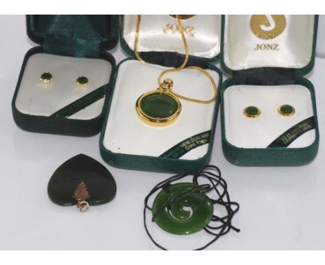 Five various greenstone earrings / pendants including boxed set of gold plated nephrite jade earrings and a boxed matching pe