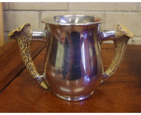 Twin handled sterling silver & antler tankard gilt lined, 12cm high approx.,