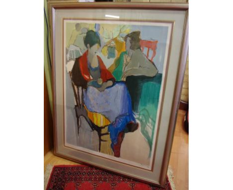 Itzchak Tarkay (1935-2012) ladies sitting serigraph, 94cm x 68cm approx.