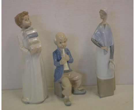 Three assorted figurines including Nao & Rex, 29cm high approx., one a/f