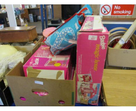 FOUR BOXES CONTAINING MIXED BOXED BARBIE FURNITURE, MAGIC HOUSE, MIXED BLUE AND WHITE CHINA WARES, LIGHT SHADES ETC (4) 