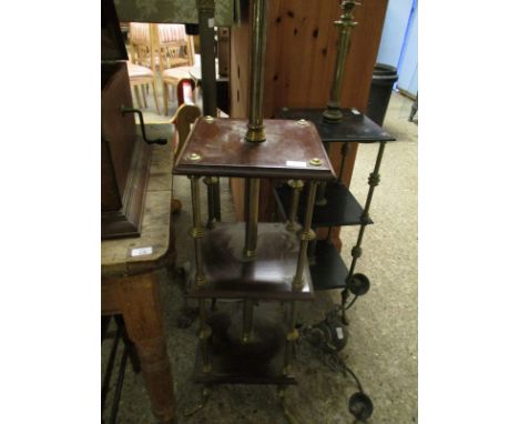 MAHOGANY SQUARE THREE TIER BRASS COLUMN STANDARD LAMP (A/F)