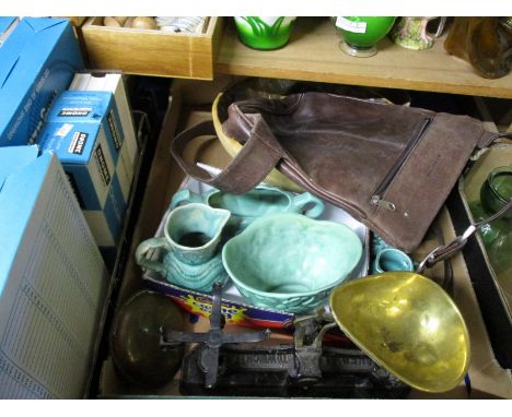 BOX CONTAINING A LEATHER HANDBAG, A STUDIO POTTERY BOWL, SET OF CAST IRON SCALES ETC 