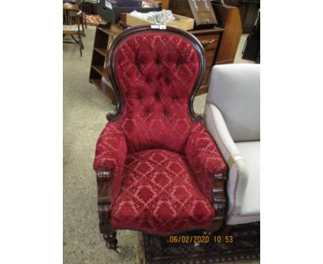 VICTORIAN MAHOGANY SPOON BACK ARMCHAIR WITH RED UPHOLSTERED SEAT AND BUTTON BACK