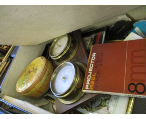 REXINE CASE CONTAINING MODERN CLOCK, BAROMETER, PRINTS ETC 