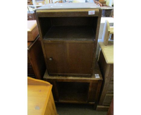 OAK EFFECT BEDSIDE CUPBOARD WITH OPEN SHELF OVER CUPBOARD DOOR AND A SIDE TABLE 