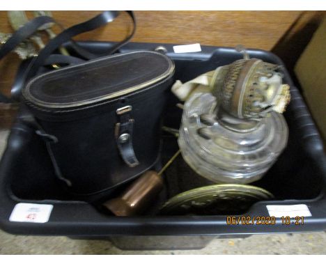 GROUP OF BINOCULARS, VICTORIAN OIL LAMP ETC