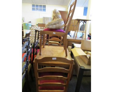 OAK EFFECT DROP LEAF SINGLE PEDESTAL TABLE AND FOUR LADDER BACK CHAIRS 