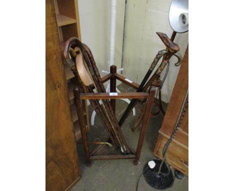 OAK FRAMED CORNER STICK STAND AND MIXED WALKING STICKS 