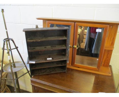 PINE FRAMED TWO MIRRORED DOOR BATHROOM CUPBOARD AND A FURTHER SMALL WALL MOUNTED FOUR FIXED SHELF CUPBOARD (2) 
