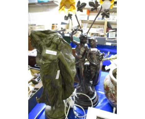 RESIN FIGURE OF A LADY AND A FURTHER MODERN BRONZED SIDE LAMP MOUNTED WITH TWO FIGURES 