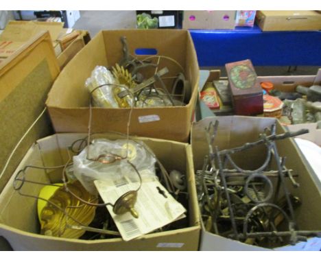 THREE BOXES OF MIXED LAMP FITTINGS, SPIRIT KETTLE STANDS AND VARIOUS LAMP AND LIGHT FITTINGS (3) 