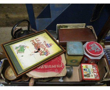 BOX CONTAINING CAST IRON KETTLE, MIXED VINTAGE TINS ETC