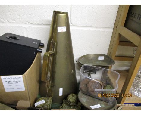 BRASS LOUD HAILER SCALES, VICTORIAN CAST BRASS BLOTTER AND INK WELL