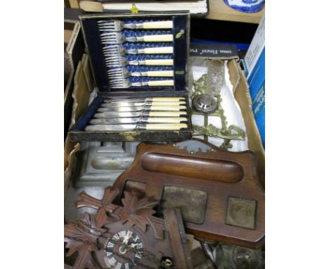 BOX CONTAINING CUCKOO CLOCK, CIRCULAR BAROMETER, BRASS TABLE EASEL, CASED SET OF FISH KNIVES AND FORKS