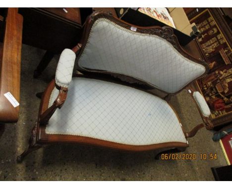 GOOD QUALITY FRENCH MAHOGANY CARVED TWO-SEATER SOFA WITH BLUE UPHOLSTERY WITH CARVED CABRIOLE FRONT LEGS