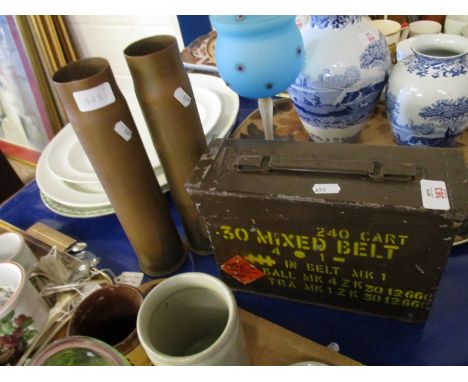 MILITARY AMMUNITION BOX TOGETHER WITH TWO SHELL CASES 