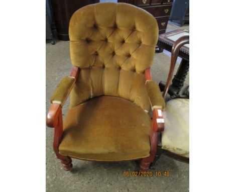 19TH CENTURY MAHOGANY YELLOW DRALON UPHOLSTERED AND BUTTON BACK ARMCHAIR