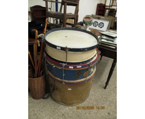 TWO VINTAGE MILITARY TYPE DRUMS AND TWO FURTHER CASES