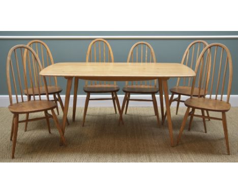 ERCOL ELM DINING SUITE, comprising table and six 'Quaker 365' chairs, table 153cms long x 77cms wide (7)