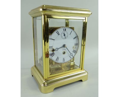 MODERN KIENINGER BRASS 8-DAY CHIMING MANTEL CLOCK, model J0212, white Roman dial with subsidiary seconds, three train movemen