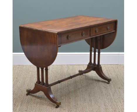 20TH CENTURY MAHOGANY CROSSBANDED SOFA TABLE, with ebony stringing, demilune drop flap top, fitted dummy and frieze drawers, 