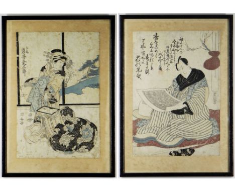 TOYOKUNI I, woodblock print - Sawamura Sojuro IV viewing a playbill (a ranking list of Kabuki actors), and another similar of