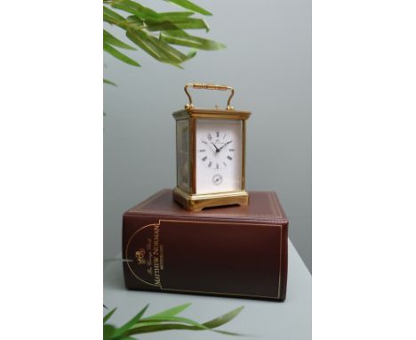 MODERN MATTHEW NORMAN GILT BRASS 8-DAY CARRIAGE ALARM CLOCK, model 1751CC, with Roman dial, Breguet hands, alarm, repeat push