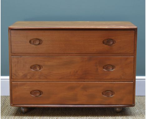 ERCOL PALE ELM CHEST, fitted three drawers, 91w x 43d x 66cms h Comments: top with stains/wear 