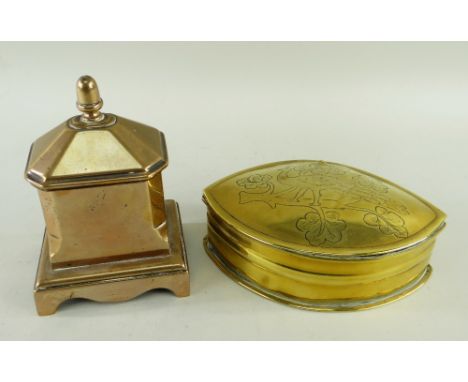 TWO 19TH CENTURY TABLE TOBACCO CONTAINERS, comprising a bell metal jar and cover with acorn finial, 15cms high, and an oversi