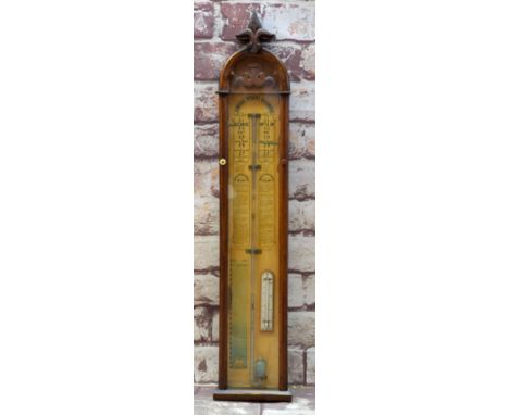 LATE 19TH CENTURY ADMIRAL FITZROY'S BAROMETER, carved oak case, printed card detail with twin verniers, thermometer, 119cms h