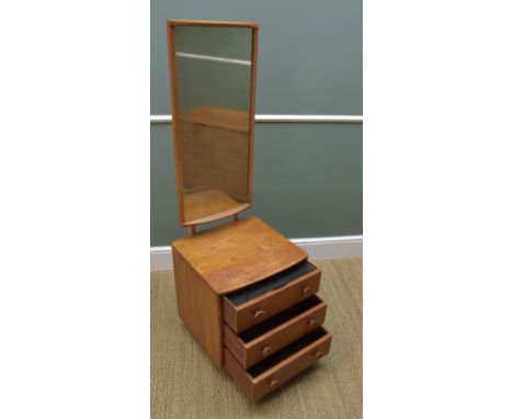 ERCOL PALE ELM 'WINDSOR 412' CHEVAL MIRROR, fitted three-draw chest base, top shelf retains original glass slide, 47w x 50d x