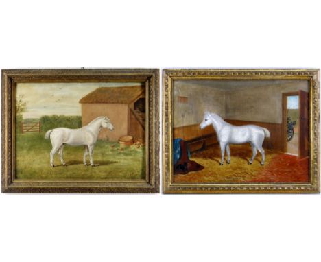 J C MITCHELL (19TH CENTURY) oil on board - Grey Welsh Pony First Prize Winner at The Royal in a stable, and in a paddock, sig
