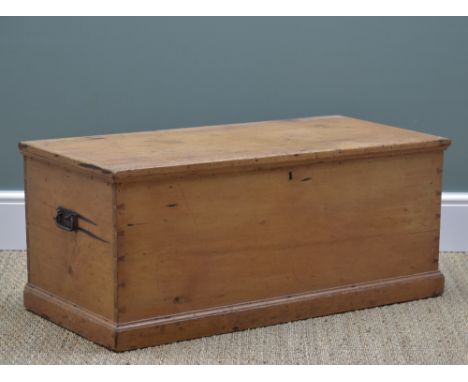 GOLDEN PINE TOOLBOX OR TRUNK, interior with candle box and lined in late Victorian newspaper, 41h x 97w x 47cms d