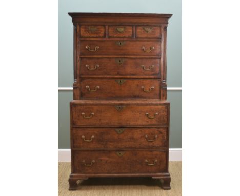 GEORGE III OAK CHEST ON CHEST, cavetto cornice, cockbeaded drawers between fluted column angles, ogee bracket feet, 102 w x 5