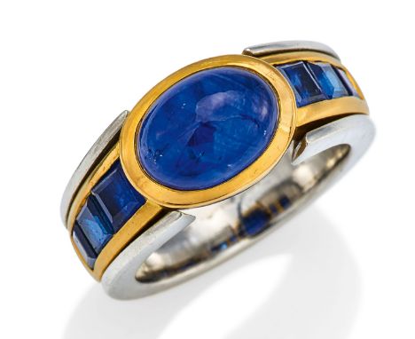   SAPHIR-RING. SAPHIR-RING.  Deutschland. Um 1980.   Platin, 750/- Gelbgold, getestet, Gesamtgewicht: ca. 13,5 g. EU-RM: 51. 