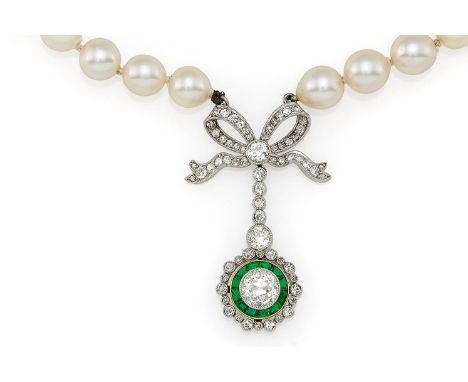   DIAMANT-PERL-COLLIER. DIAMANT-PERL-COLLIER.  Deutschland. Anhänger um 1920.   585/- Gelbgold, Punze, Platin, getestet, Gesa
