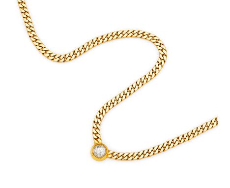   DIAMANT-COLLIER. DIAMANT-COLLIER.  Deutschland.   585/- Gelbgold, Punze, Gesamtgewicht: ca. 32,5 g. 45,0 cm. 1 Brillant ca.