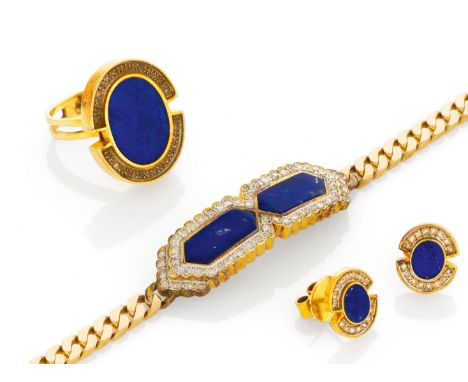   LAPIS-LAZULI-SET: ARMBAND, RING UND OHRSTECKER. LAPIS-LAZULI-SET: ARMBAND, RING UND OHRSTECKER.    585/- Gelbgold, Punze, G