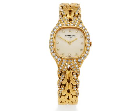   PATEK PHILIPPE PATEK PHILIPPE  La Flamme. Schweiz. Um 1990.   Quarz. 750/- Gelbgold, diamantgeziert, integriertes 750/- Gel