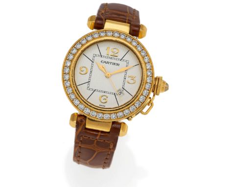   CARTIER CARTIER  Pasha. Schweiz. Um 2000.   Automatik. 750/- Gelbgold, Lünette diamantgeziert, Orig.-Lederband mit Orig.-Fa