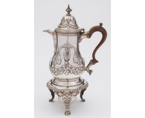 A George III silver coffee pot, all marks worn and rubbed, London, 1777: of baluster form, the domed hinged lid with spire fi