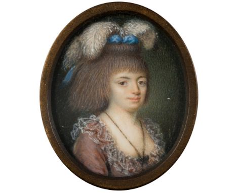 Italian School early 19th Century-
A miniature portrait of a young lady:- head and shoulders, wearing a feather head piece wi