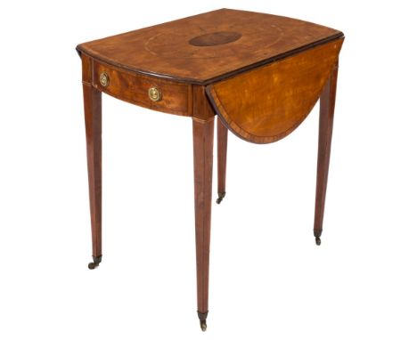 A 19th Century satinwood, tulipwood crossbanded and inlaid oval Pembroke table:, bordered with boxwood and ebony lines, the h