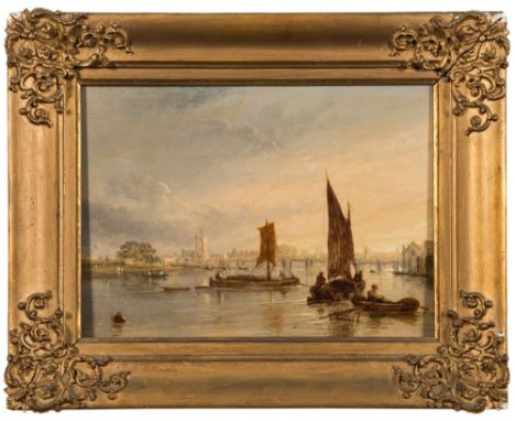 Elias Childe [fl.1798-1848]-
Putney Bridge, Evening:-
signed an inscribed on a label attached to the reverse
oil on panel
18.