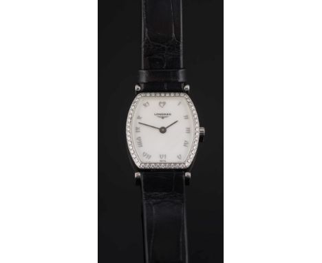 Longines. A lady's diamond mounted, stainless steel ' La Grande Classique de Longines' wristwatch: the cushion-shaped mother 