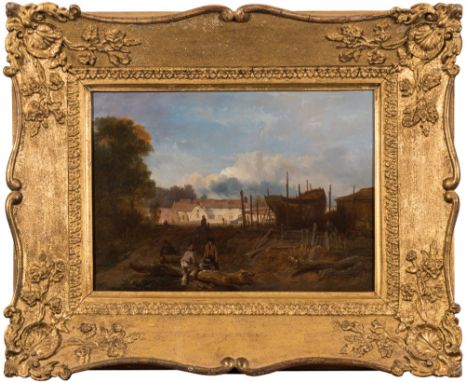 James Baker Pyne [1800-1870]-
The Boatyard, a figure group in the foreground, dwellings beyond:-
signed and dated Pyne '90? 
