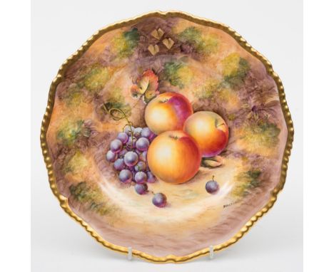 A Royal Worcester porcelain plate: of 'silver' shape with solid gilt gadrooned rim, painted by Sibley Lewis with three apples