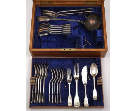 A Victorian silver fiddle, thread and shell pattern part flatware service, maker John & Henry Lias, London, 1846: crested, in