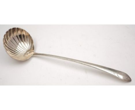 A George III Irish silver bright-cut pointed Old English pattern soup ladle, maker John Sheils, Dublin, 1783: with circular s